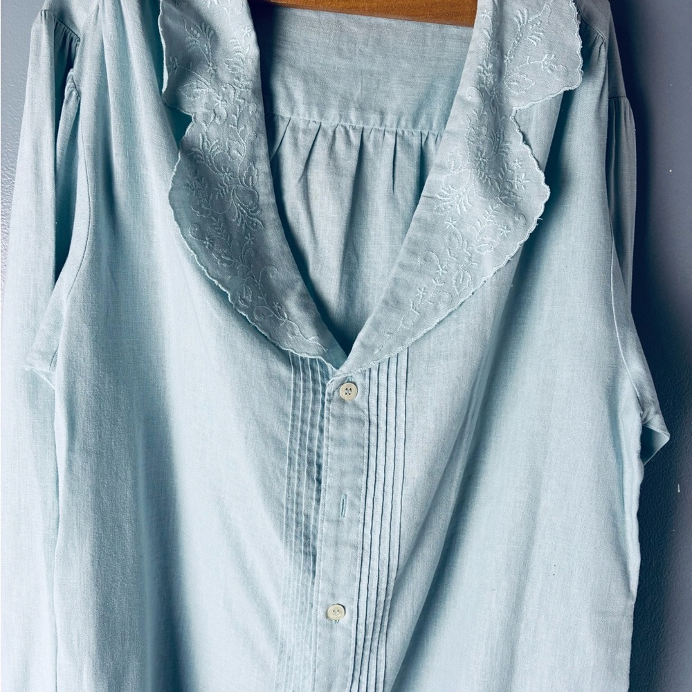 Light Blue vintage long sleeves linen Blouse with Embroidered Collar